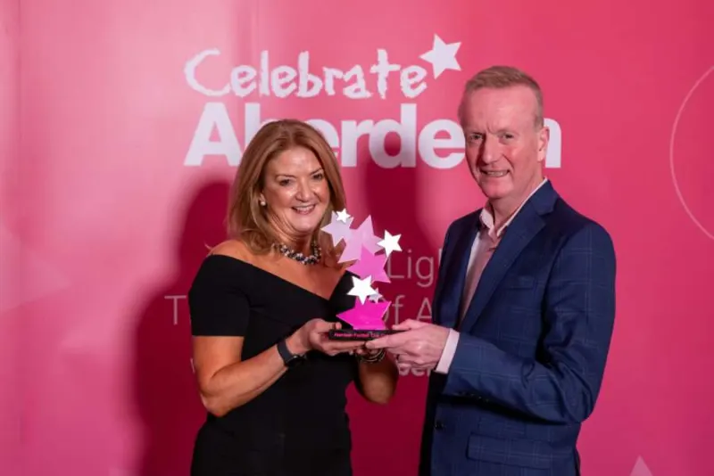 Large Organisation of the Year: Liz Bowie, Aberdeen Football Club Community Trust, with Adrian Watson of Aberdeen Inspired
